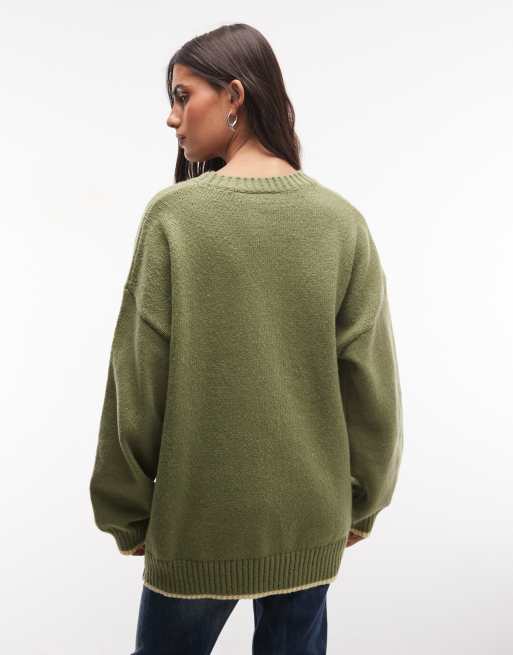 Daisy Street boxy fit sweater with star graphic in green, 4 of 4