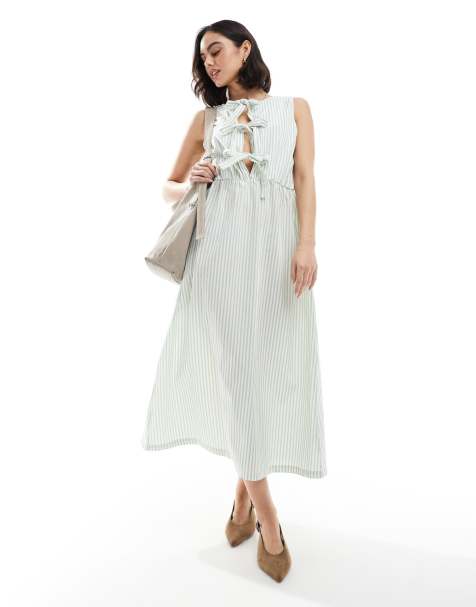 Daisy Street boxy fit throw on midi dress in sage stripe - view 1