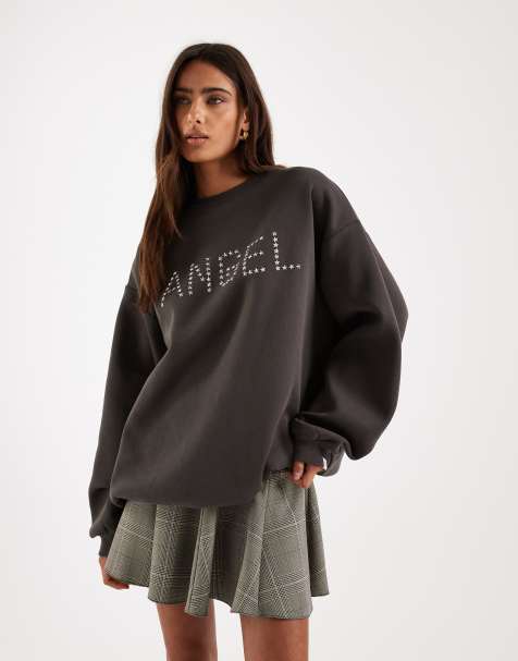 Daisy Street boxy sweatshirt with angel graphic in charcoal - view 1
