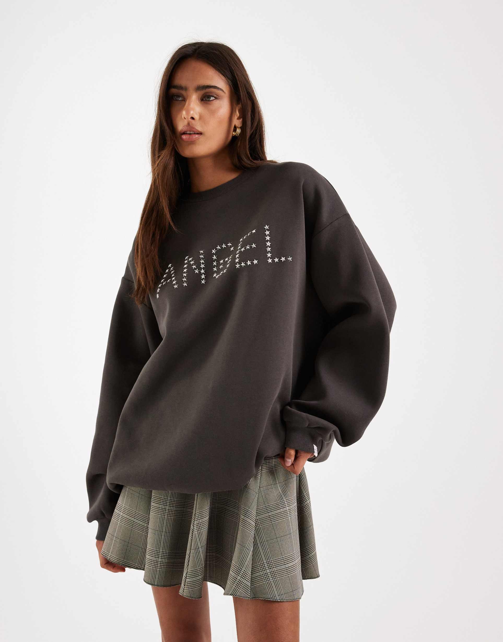 daisy street boxy sweatshirt with angel graphic in charcoal