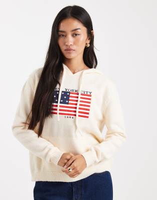 Daisy Street - Breit gerippter Kapuzenpullover in Creme mit Flaggen-Applikation und Stickerei-Weiß