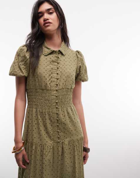 Daisy Street broderie button down maxi dress in olive green - view 1