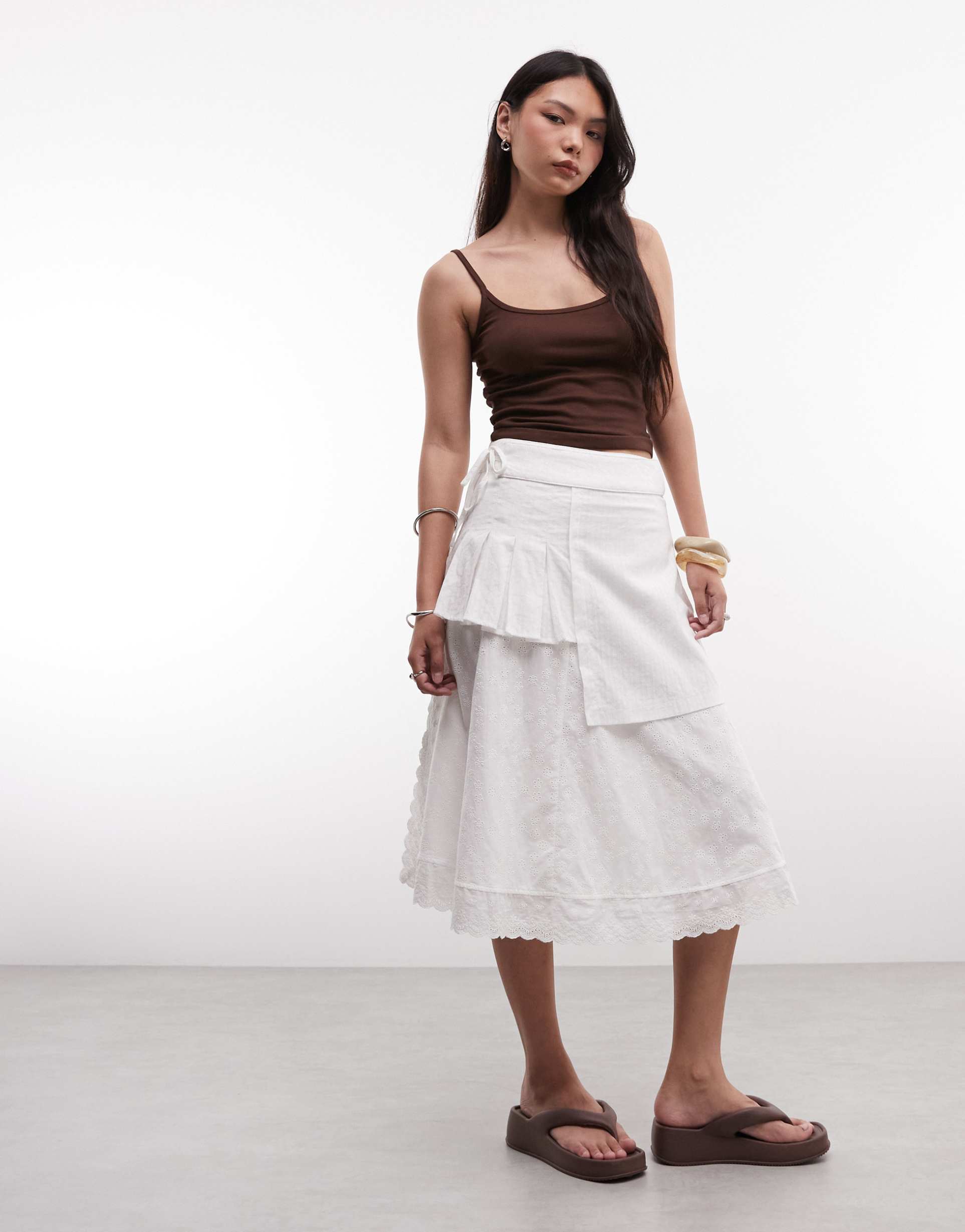 daisy street broderie midi skirt with overlay in white