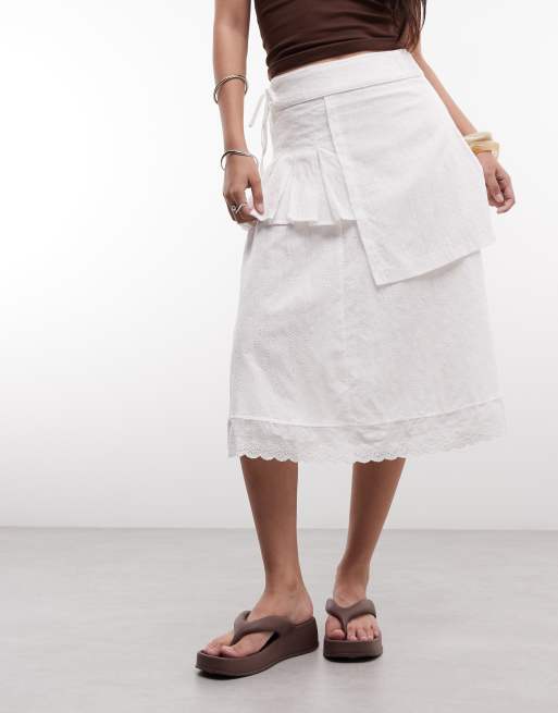 Daisy Street broderie midi skirt with overlay in white, 3 of 5