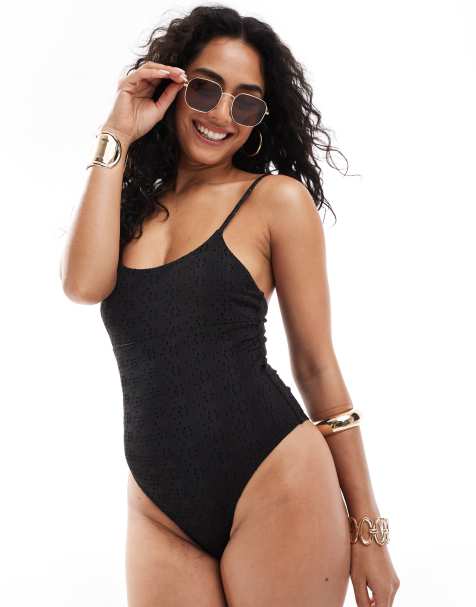 Daisy Street broderie seam detail swimsuit in black - view 1