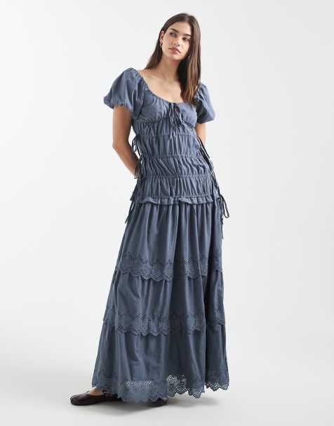 Daisy Street broderie shirred maxi dress with puff sleeves in blue grey - view 1