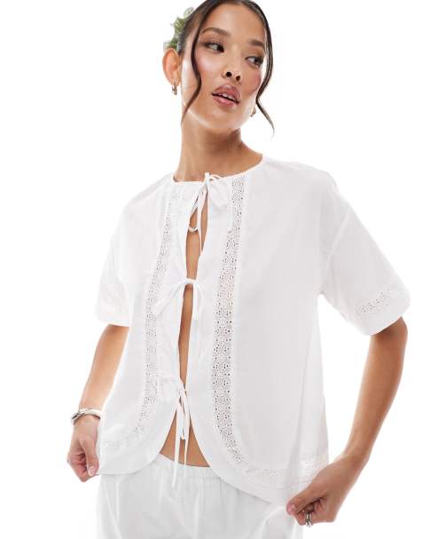 Daisy Street broderie tie front top in white (part of a set) - view 1