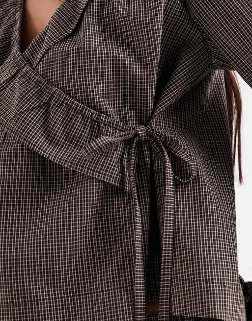 Daisy Street - Brun asymmetrisk bluse med slå-om-snit foran og tern - Del af sæt, 3 af 4