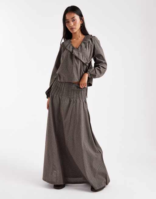 Daisy Street - Brun asymmetrisk bluse med slå-om-snit foran og tern - Del af sæt, 4 af 4