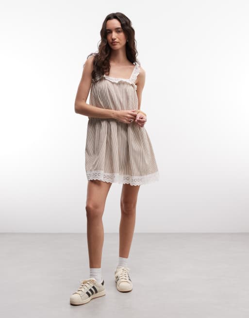 Daisy Street - Brun lagdelt smock-minikjole med blondekanter og striber, 2 af 4