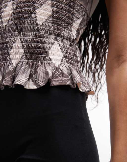 Daisy Street - Brun og hvid offshoulder-top med tern og rynker, 3 af 4