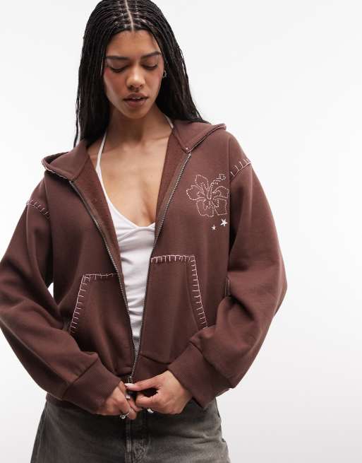Daisy Street - Brun oversized hættetrøje med lynlås og tæppesyninger samt blomsterbroderi, 2 af 4