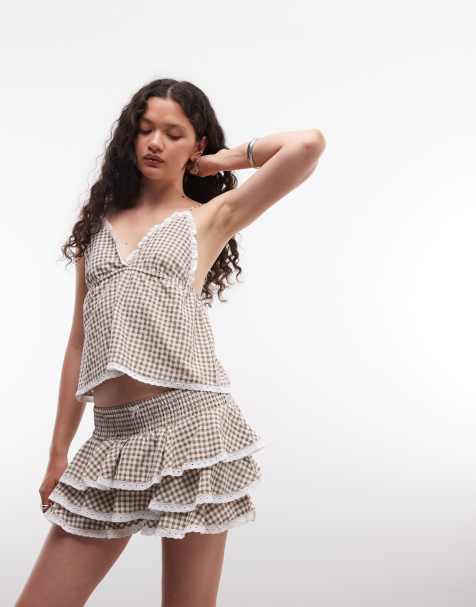 Daisy Street – Brunrutig, smockad skort med låg midja, del av set - view 1