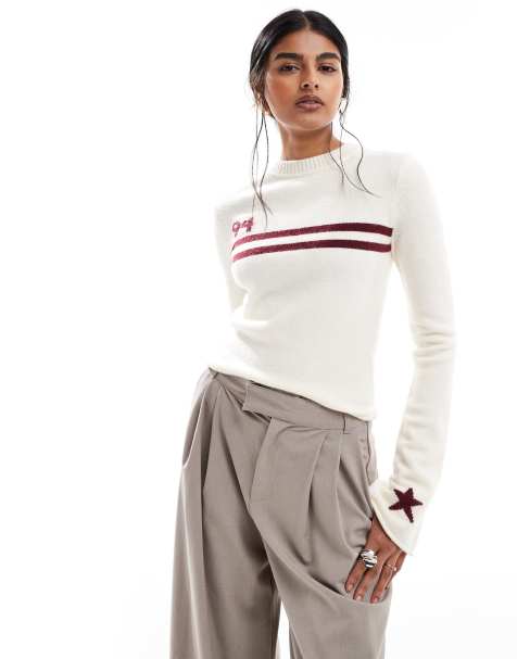 Daisy Street brush knit fitted long sleeve jumper in white and red - view 1