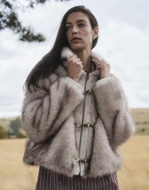 Daisy Street buckle faux fur coat with hood in natural - view 1