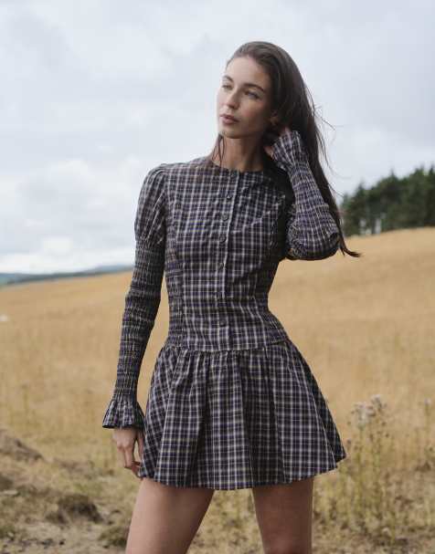 Daisy Street button down drop waist mini dress with shirred sleeve in navy brown check - view 1