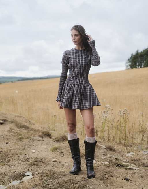Daisy Street button down drop waist mini dress with shirred sleeve in navy brown check, 2 of 4
