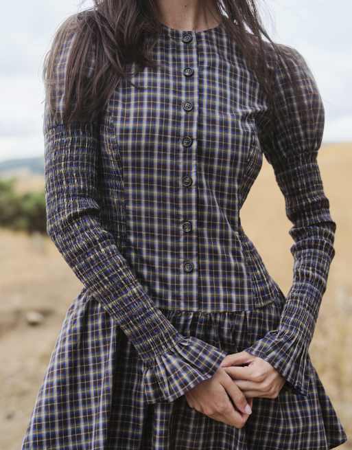 Daisy Street button down drop waist mini dress with shirred sleeve in navy brown check, 3 of 4