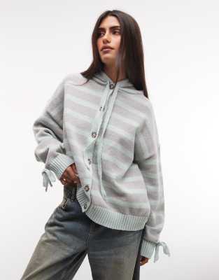 Daisy Street Button Down Hooded Jumper In Gray