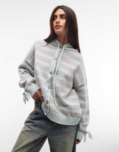 Daisy Street button down hooded jumper in teal grey stripe - view 1