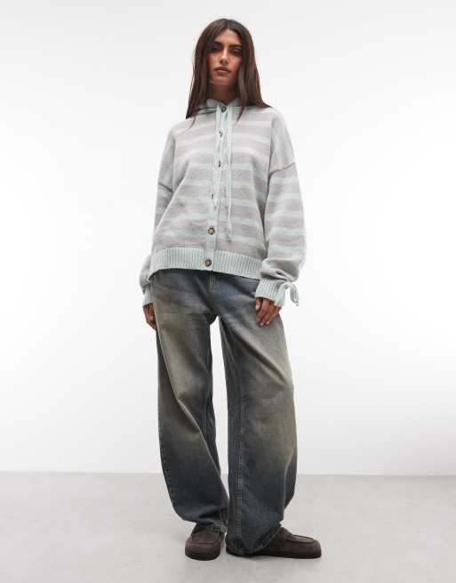 Daisy Street button down hooded jumper in teal grey stripe, 2 of 4
