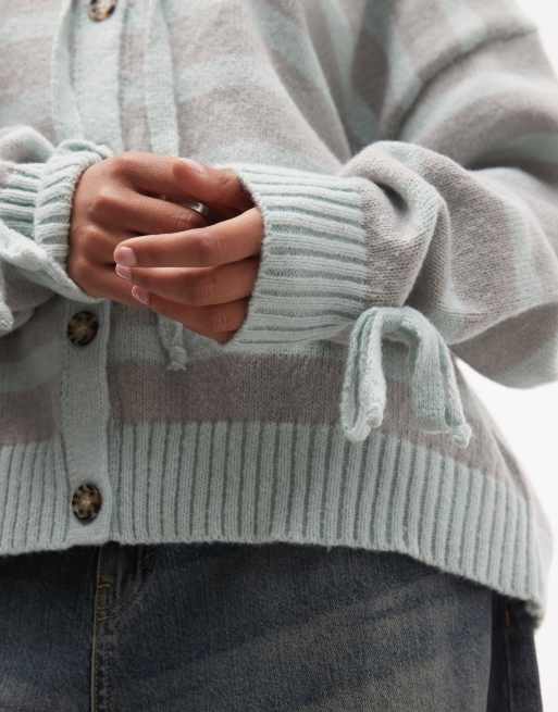 Daisy Street button down hooded jumper in teal grey stripe, 3 of 4