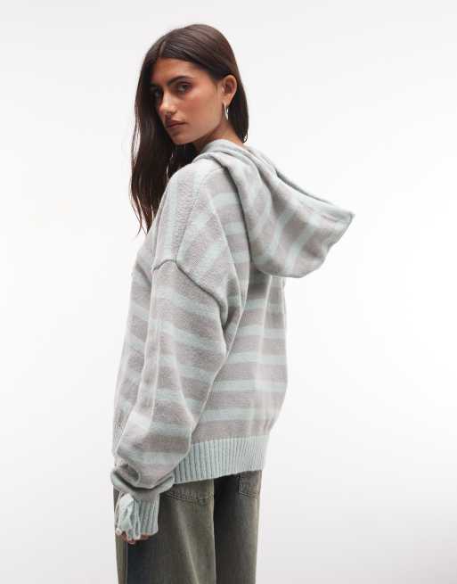 Daisy Street button down hooded sweater in teal gray striped print, 4 of 4