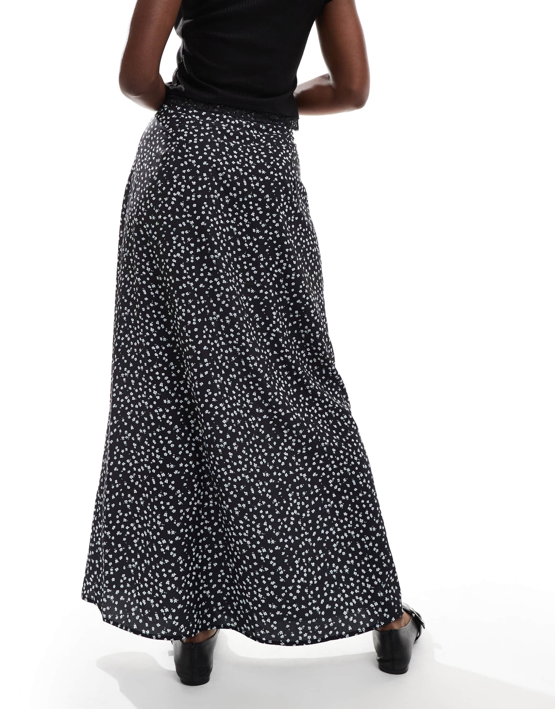 daisy street button down maxi skirt in black ditsy floral