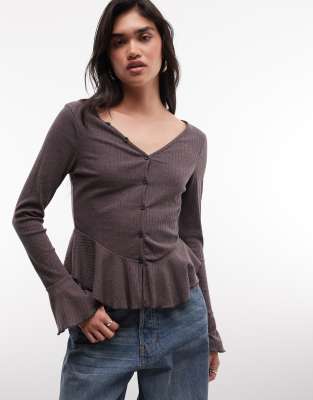 Daisy Street Button Down Ruffle Cardigan In Brown