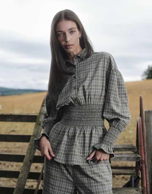 Daisy Street button down shirred waist shirt in sage check co-ord, 2 of 4