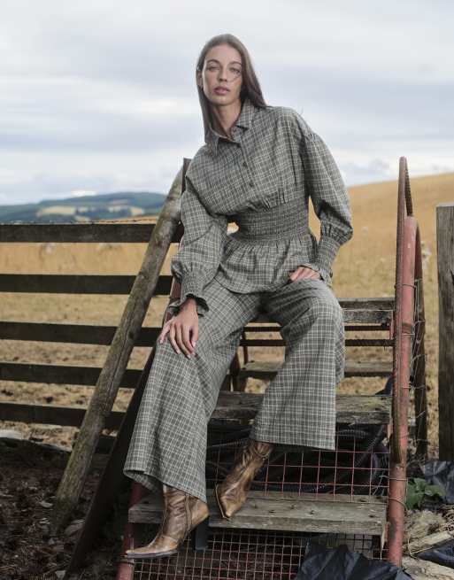 Daisy Street button down shirred waist shirt in sage check co-ord, 3 of 4