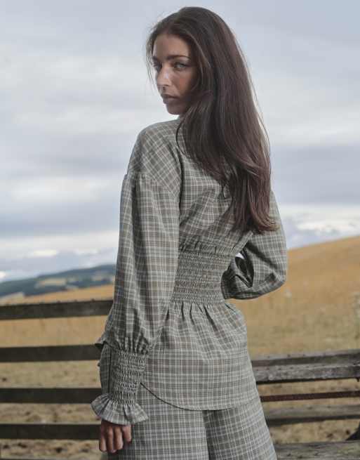 Daisy Street button down shirred waist shirt in sage check co-ord, 4 of 4