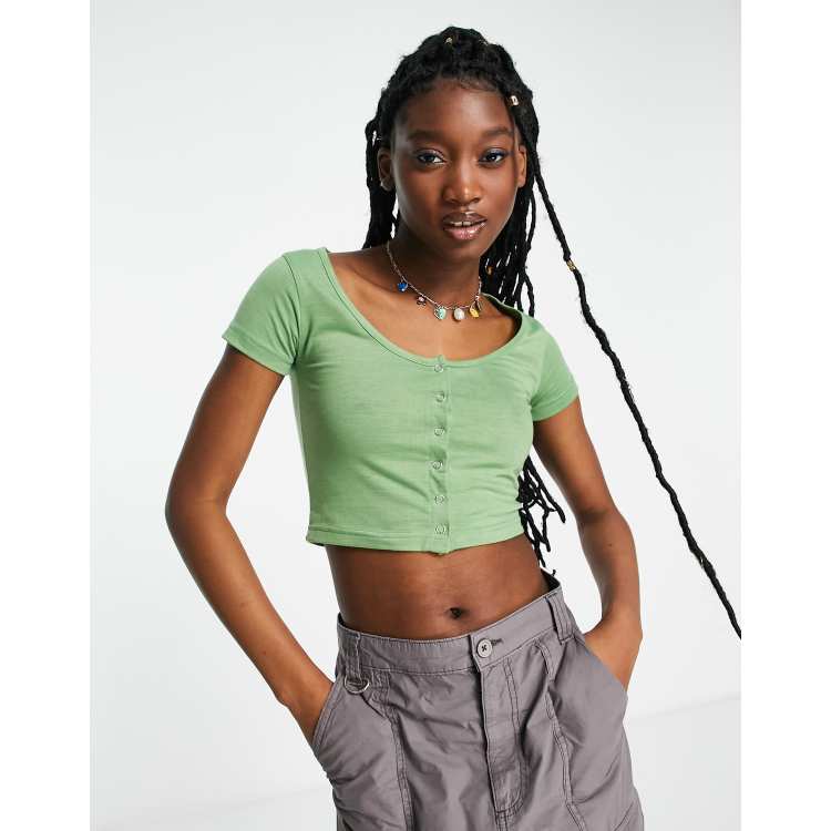 Daisy Street button front 90s crop top in soft khaki