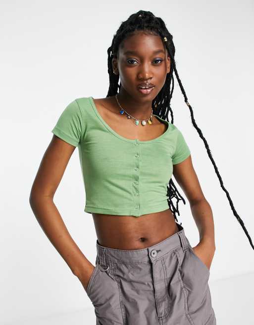 Daisy Street button front 90s crop top in soft khaki