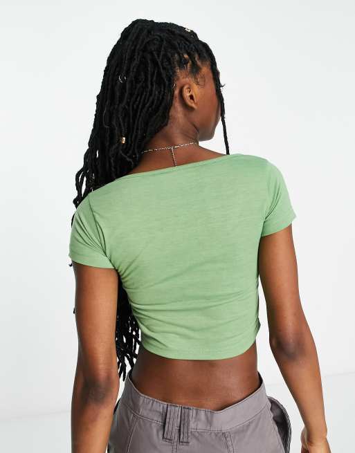 Daisy Street button front 90s crop top in soft khaki