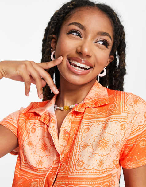 Daisy Street button front collar detail crop top in orange bandana co-ord