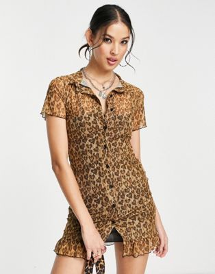 Daisy Street button front frill hem mini dress in leopard heart mesh