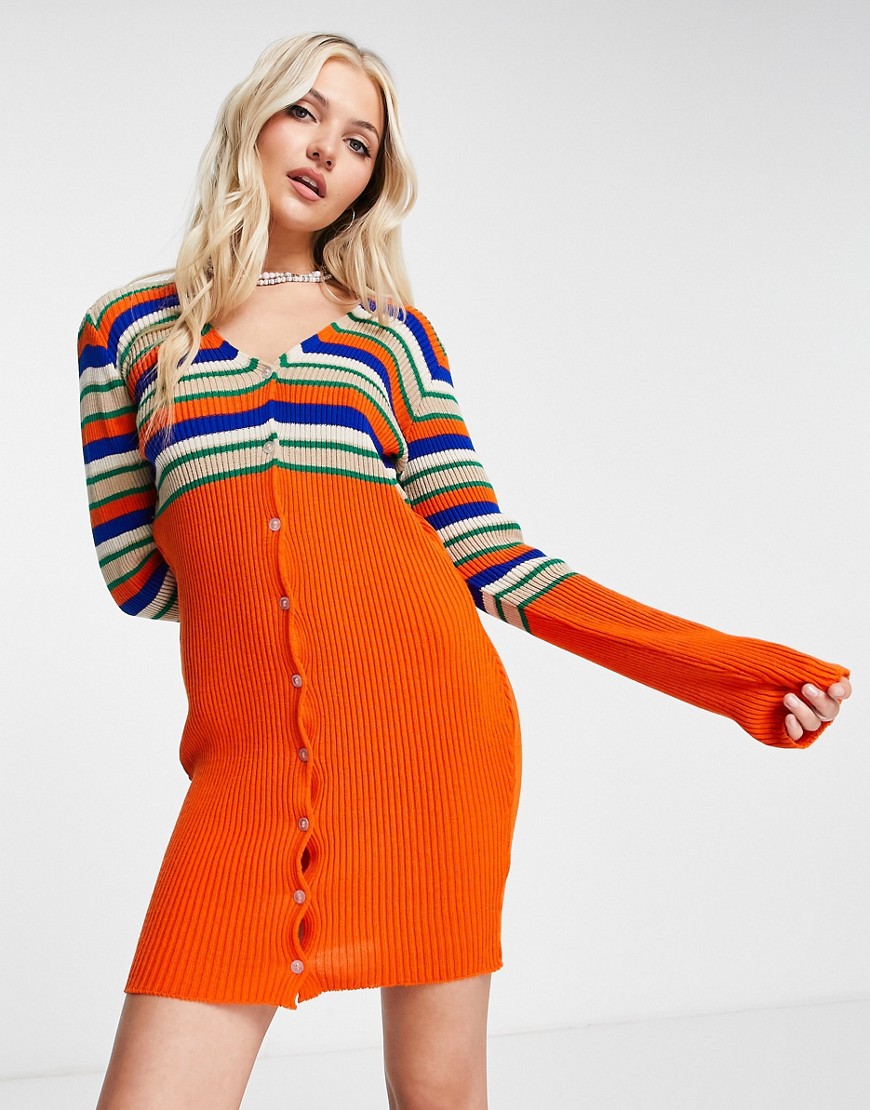 Daisy Street button front knitted mini dress in stripe-Multi