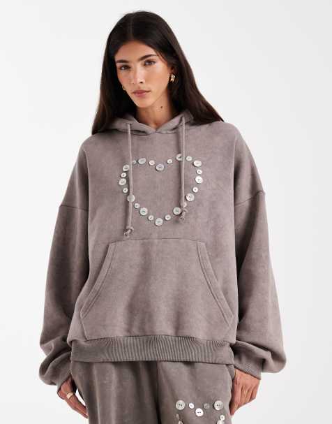 Daisy Street button heart detail oversized hoodie in dark gray - part of a set - view 1