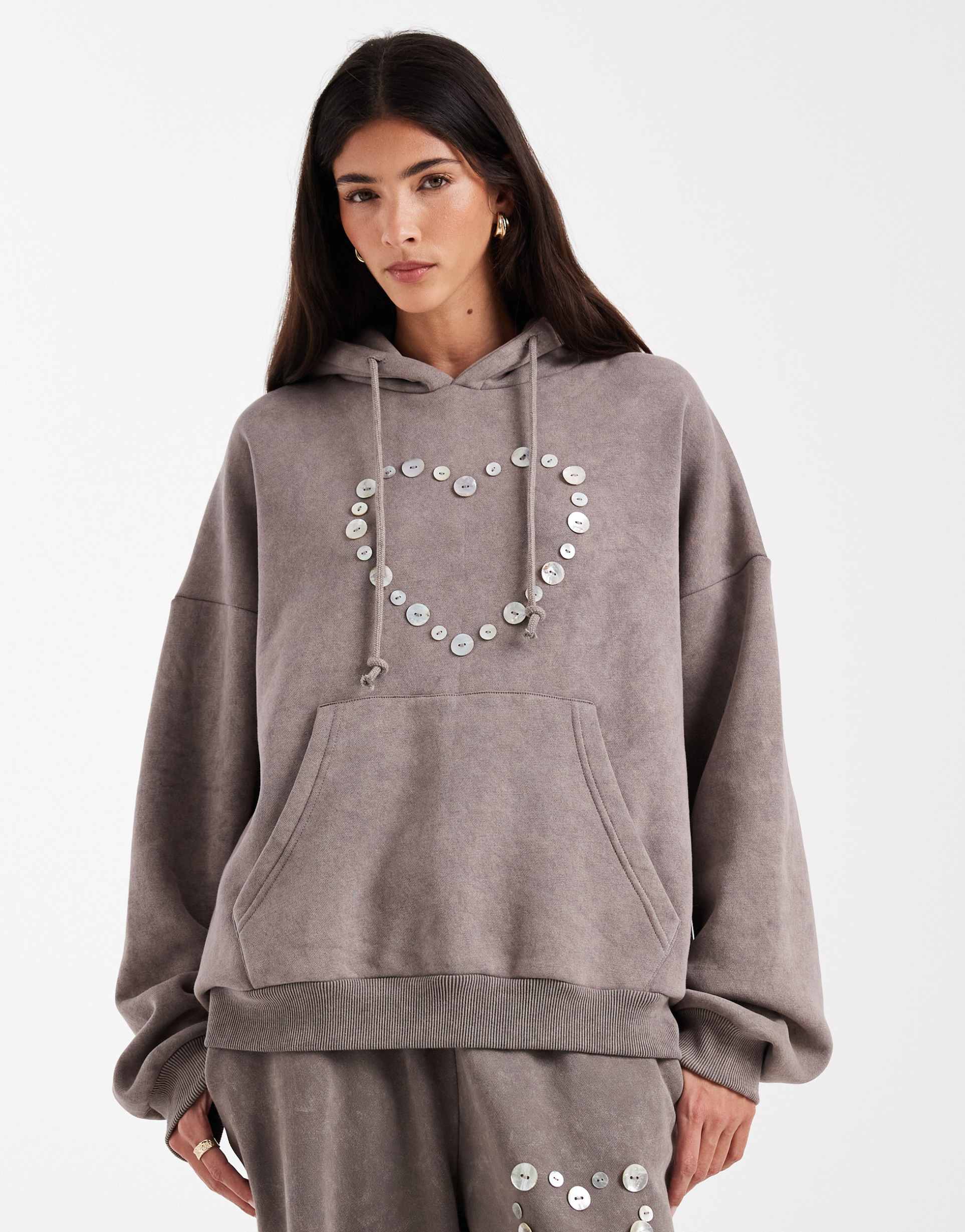 daisy street button heart detail oversized hoodie in dark gray - part of a set