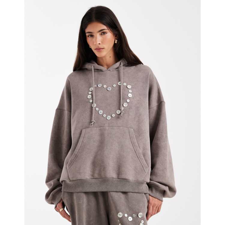 Daisy Street button heart oversized hoodie in dark grey co-ord | ASOS