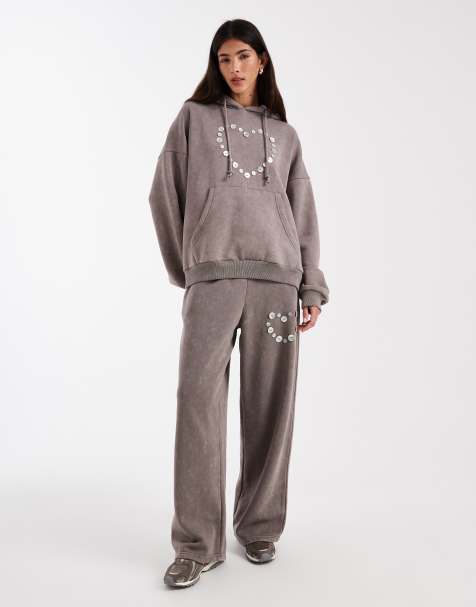 Daisy Street button heart wide leg joggers in grey co-ord - view 1