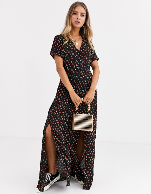 Daisy Street button through maxi dress with splits in ditsy floral