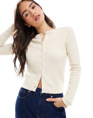 cable knit fitted waist cardigan in cream-White