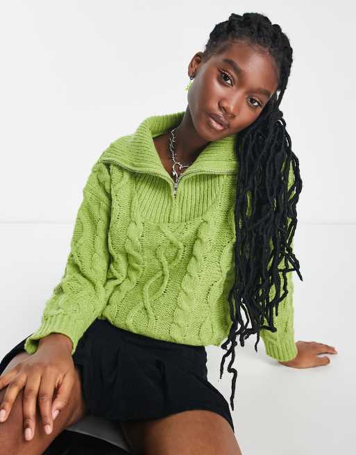 Daisy Street cable knitted jumper with collar in green
