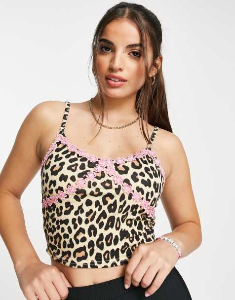 Daisy Street cami crop top with lace trim in leopard print - view 1
