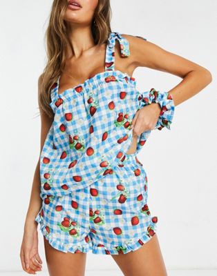 Daisy Street cami smock top and shorts pyjama set with scrunchie in strawberry gingham - ASOS Price Checker