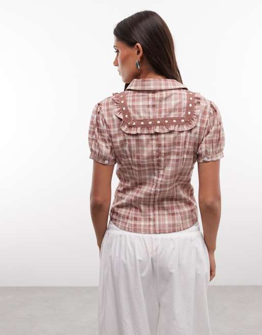 Daisy Street - Camicia aderente rosa a quadri con volant e nastro, 4 di 4