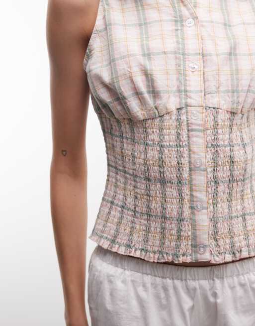 Daisy Street - Camicia arricciata senza maniche a quadri multicolore, 3 di 4
