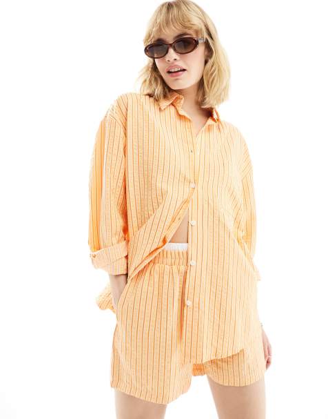 Daisy Street - Camicia boyfriend oversize arancione testurizzata a righe in coordinato - view 1